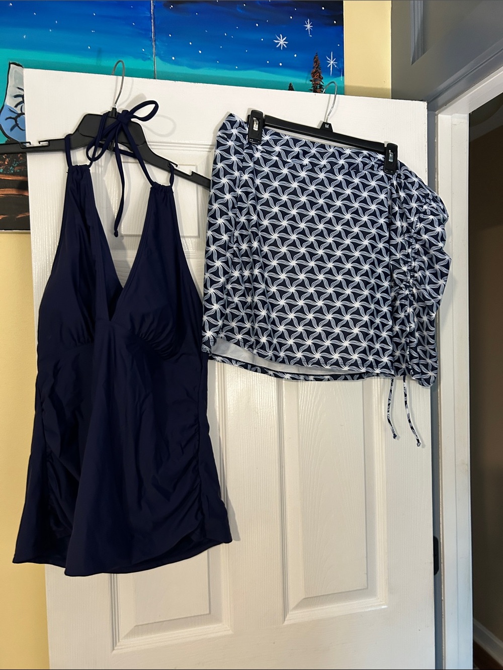 Navy Halter One-Piece Swimsuit with Navy & White Geometric Swim Skirt
